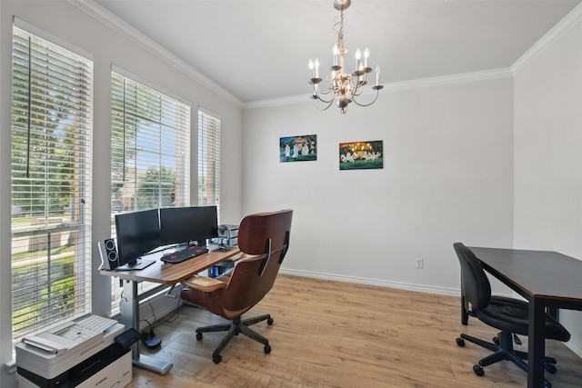 9829 Crawford Farms Dr, Fort Worth, TX 76244 - office space featuring a chandelier, healthy amount of natural light, light wood-style floors, ornamental molding, and baseboards