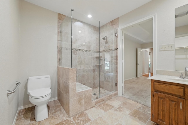 5518 Oak Branch Dr, Arlington, TX 76016 - bathroom featuring a shower stall, vanity, baseboards, toilet, and stone finish flooring