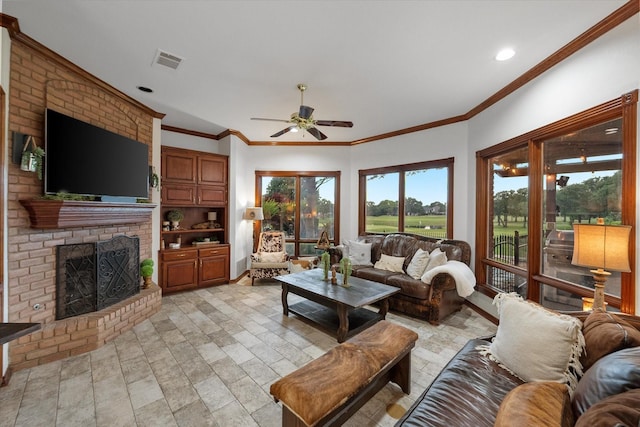 719 Morningside Dr, Mansfield, TX 76063 - living area with a ceiling fan, a brick fireplace, ornamental molding, and recessed lighting