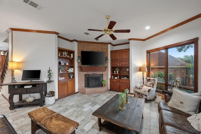 719 Morningside Dr, Mansfield, TX 76063 - living room with a ceiling fan, crown molding, a fireplace, and recessed lighting