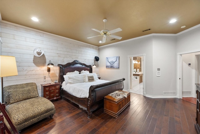 719 Morningside Dr, Mansfield, TX 76063 - bedroom featuring dark wood-style flooring, ornamental molding, baseboards, recessed lighting, and a ceiling fan