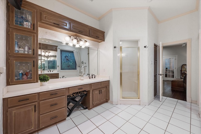 719 Morningside Dr, Mansfield, TX 76063 - full bathroom featuring vanity, a shower stall, tile patterned flooring, and crown molding