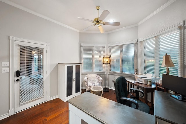 719 Morningside Dr, Mansfield, TX 76063 - office featuring wood finished floors, healthy amount of natural light, a ceiling fan, and crown molding