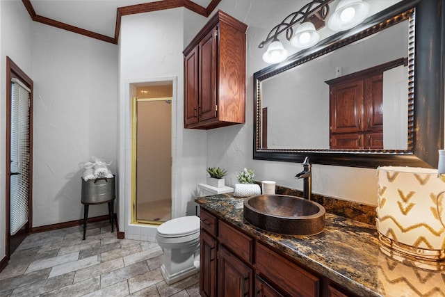 719 Morningside Dr, Mansfield, TX 76063 - bathroom featuring a stall shower, toilet, vanity, ornamental molding, and stone finish flooring