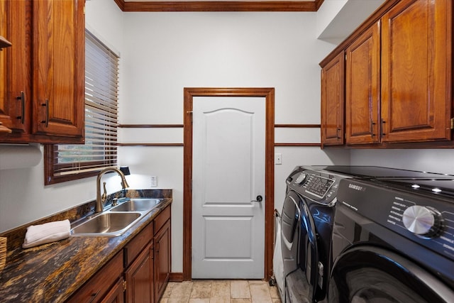 719 Morningside Dr, Mansfield, TX 76063 - washroom with cabinet space, washer and clothes dryer, and ornamental molding