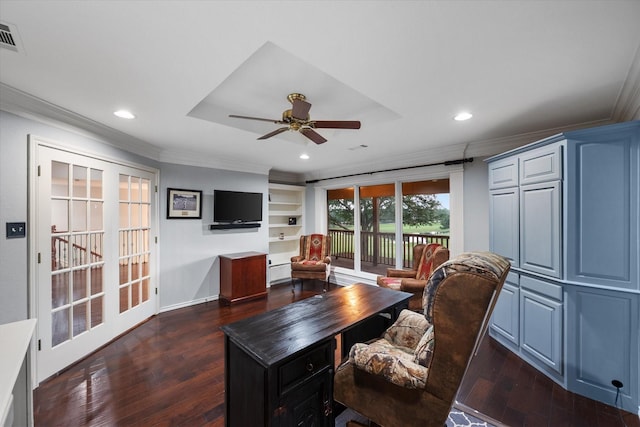719 Morningside Dr, Mansfield, TX 76063 - living area with ornamental molding, dark wood-style floors, a ceiling fan, recessed lighting, and baseboards