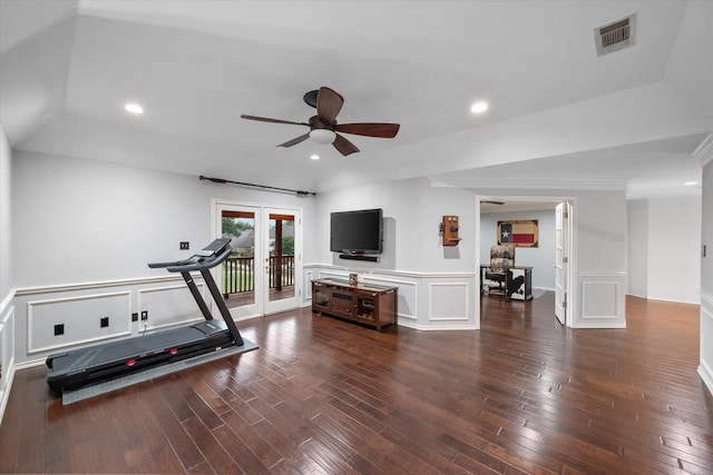719 Morningside Dr, Mansfield, TX 76063 - workout room with a ceiling fan, dark wood finished floors, a decorative wall, recessed lighting, and a wainscoted wall
