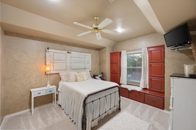 719 Morningside Dr, Mansfield, TX 76063 - bedroom with light carpet, baseboards, vaulted ceiling, and ceiling fan