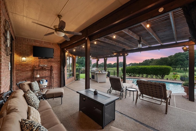 719 Morningside Dr, Mansfield, TX 76063 - view of patio featuring an outdoor living space, a ceiling fan, a pergola, and a grill