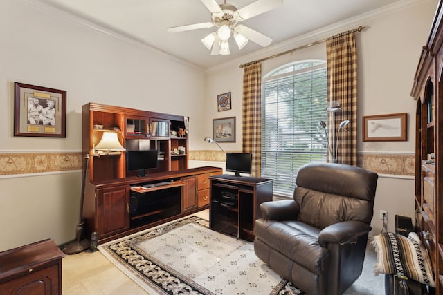 6 Trailside Ct, Mansfield, TX 76063 - home office featuring a wainscoted wall, crown molding, and ceiling fan