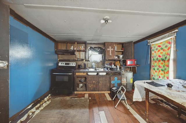 17128 County Road 3322, Frost, TX 76641 - kitchen with black electric range oven, a sink, under cabinet range hood, hardwood / wood-style floors, and electric water heater