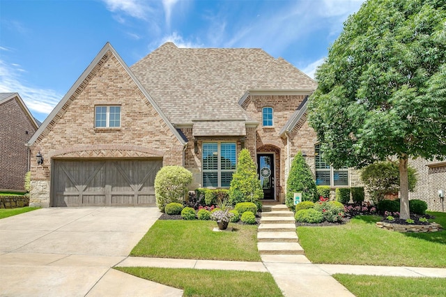 6309 Willow Ridge Trl, Flower Mound, TX 76226 - view of front of property featuring a shingled roof, a front yard, brick siding, and concrete driveway