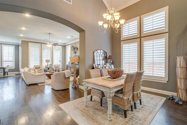 6309 Willow Ridge Trl, Flower Mound, TX 76226 - dining space with arched walkways, baseboards, healthy amount of natural light, ornamental molding, and recessed lighting