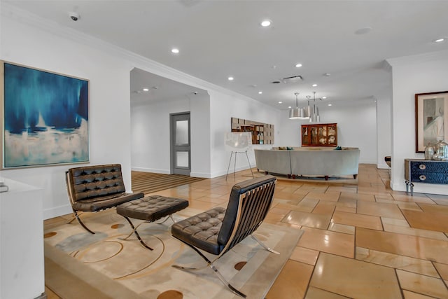 3883 Turtle Creek Blvd Unit 204, Dallas, TX 75219 - living area featuring recessed lighting, ornamental molding, baseboards, and light tile patterned floors