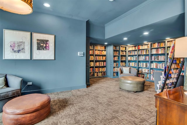 3883 Turtle Creek Blvd Unit 204, Dallas, TX 75219 - living area with bookshelves, ornamental molding, carpet flooring, built in shelves, and recessed lighting
