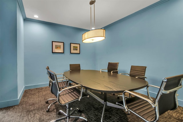 3883 Turtle Creek Blvd Unit 204, Dallas, TX 75219 - carpeted dining area featuring crown molding, a desk, and baseboards