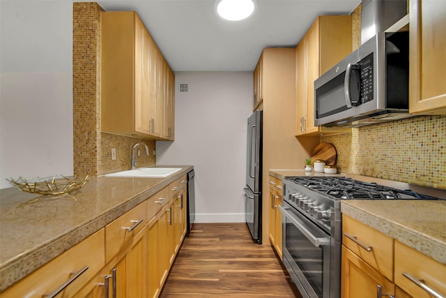 3883 Turtle Creek Blvd Unit 204, Dallas, TX 75219 - kitchen with appliances with stainless steel finishes, a sink, dark wood-type flooring, decorative backsplash, and light countertops