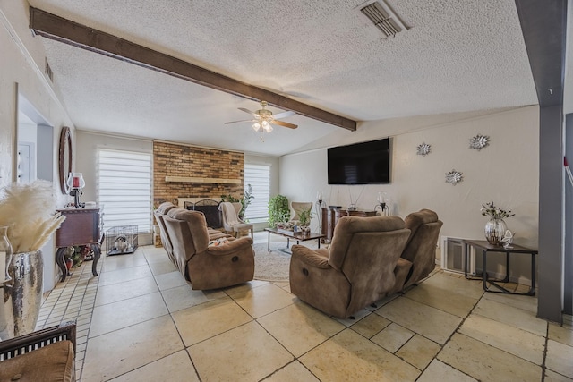 1808 Tameria Dr, Irving, TX 75060 - living room with a fireplace, ceiling fan, and a textured ceiling