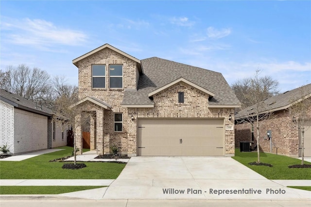 3116 Yellow Pne, Melissa, TX 75454 - view of front of house featuring brick siding, roof with shingles, cooling unit, concrete driveway, and a front yard