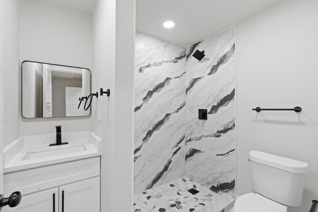 1409 Milner Rd, Irving, TX 75061 - bathroom featuring toilet, a marble finish shower, and vanity