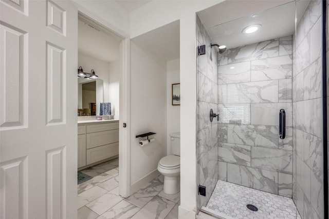 2208 Turtle Creek Dr, Sherman, TX 75092 - full bathroom with a shower stall, marble look tile flooring, vanity, toilet, and baseboards