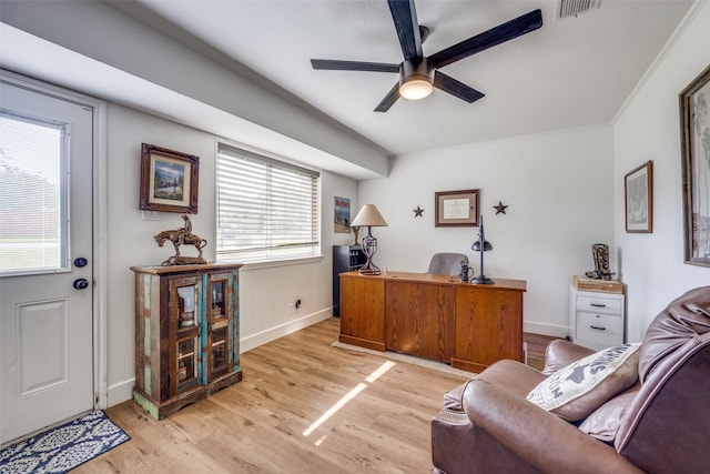 2208 Turtle Creek Dr, Sherman, TX 75092 - home office featuring ceiling fan, light wood-style flooring, and baseboards