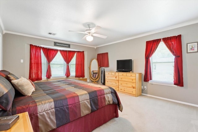 109 Hilltop St, Riesel, TX 76682 - bedroom featuring crown molding, baseboards, light carpet, and a ceiling fan