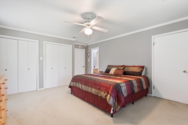 109 Hilltop St, Riesel, TX 76682 - carpeted bedroom with crown molding, multiple closets, and ceiling fan