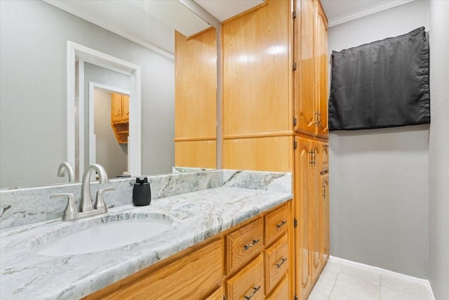 109 Hilltop St, Riesel, TX 76682 - bathroom featuring vanity, tile patterned floors, crown molding, and baseboards
