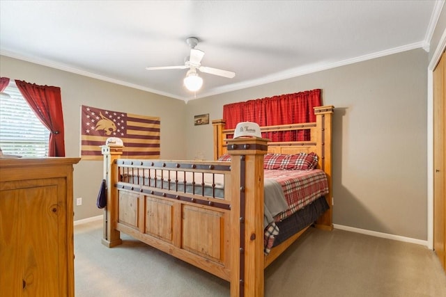 109 Hilltop St, Riesel, TX 76682 - carpeted bedroom featuring crown molding, baseboards, and ceiling fan
