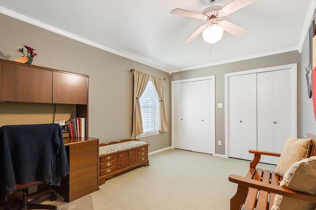 109 Hilltop St, Riesel, TX 76682 - sitting room featuring ornamental molding, light colored carpet, an office area, ceiling fan, and baseboards