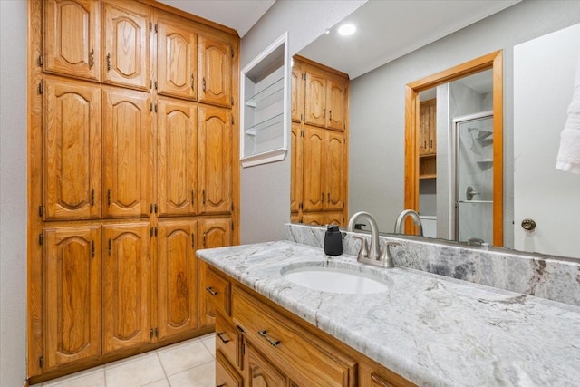 109 Hilltop St, Riesel, TX 76682 - full bath featuring vanity, a shower stall, and tile patterned flooring