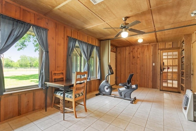 109 Hilltop St, Riesel, TX 76682 - exercise area with wooden walls, wooden ceiling, light tile patterned floors, plenty of natural light, and a ceiling fan