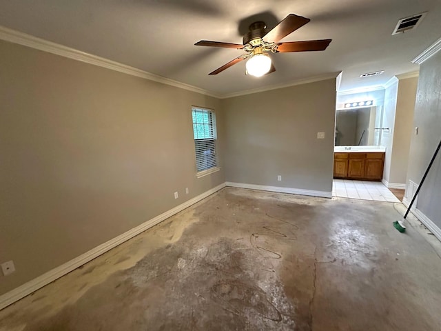 225 Jp Cave Rd, Sherman, TX 75090 - empty room featuring unfinished concrete flooring, baseboards, crown molding, and a ceiling fan