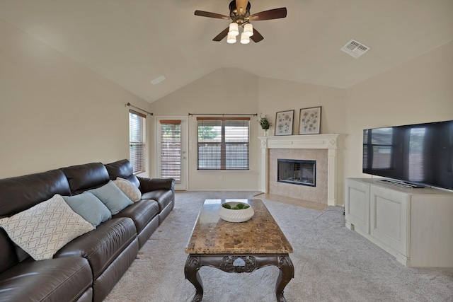 760 Red Elm Ln, Fort Worth, TX 76131 - carpeted living area featuring ceiling fan, vaulted ceiling, a fireplace, and baseboards