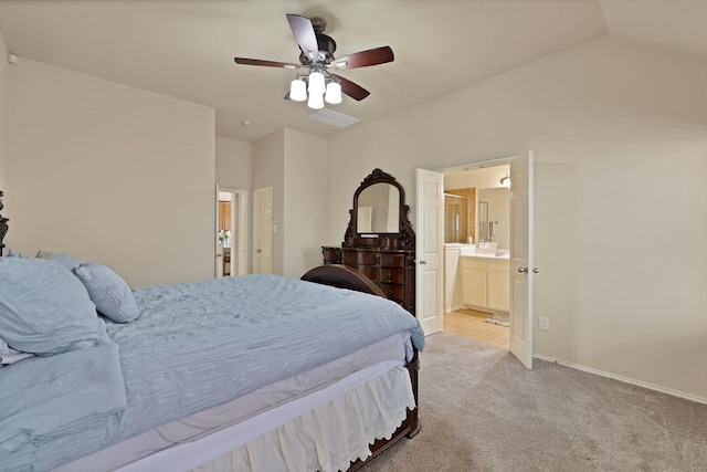 760 Red Elm Ln, Fort Worth, TX 76131 - bedroom featuring light carpet, vaulted ceiling, ensuite bath, and a ceiling fan