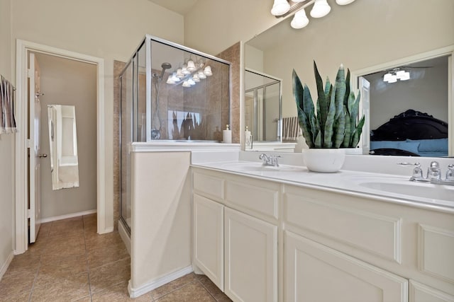 760 Red Elm Ln, Fort Worth, TX 76131 - full bath with a stall shower, double vanity, tile patterned flooring, ensuite bathroom, and a chandelier