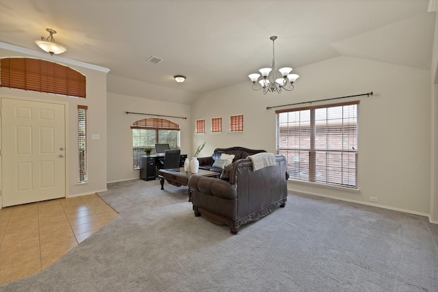 760 Red Elm Ln, Fort Worth, TX 76131 - living room with lofted ceiling, a chandelier, tile patterned flooring, baseboards, and carpet flooring