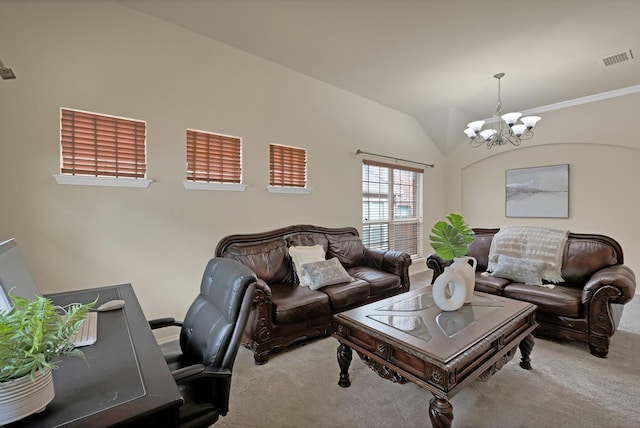 760 Red Elm Ln, Fort Worth, TX 76131 - living room with carpet, a chandelier, vaulted ceiling, and a desk