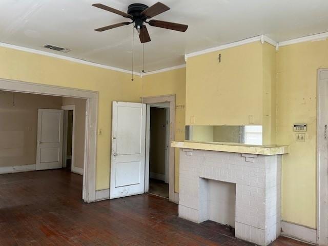 823 Centre, Dallas, TX 75208 - unfurnished living room featuring ornamental molding, a ceiling fan, dark wood-style flooring, and baseboards