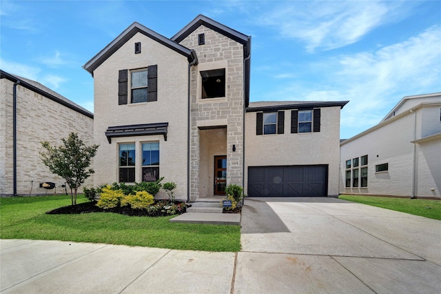 3493 Hollow Pine Dr, Frisco, TX 75033 - view of front of house featuring driveway, a garage, stone siding, and a front yard