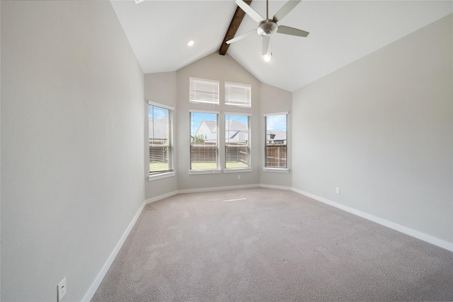 3493 Hollow Pine Dr, Frisco, TX 75033 - empty room featuring beamed ceiling, ceiling fan, baseboards, high vaulted ceiling, and light carpet