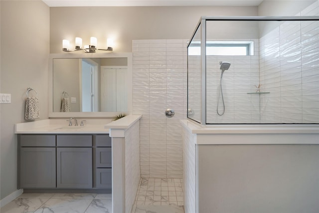 3493 Hollow Pine Dr, Frisco, TX 75033 - bathroom with marble look tiles, walk in shower, and vanity