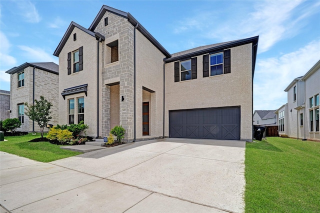 3493 Hollow Pine Dr, Frisco, TX 75033 - view of front of home with an attached garage, driveway, a front yard, and stone siding