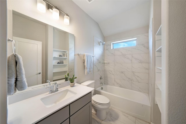 3493 Hollow Pine Dr, Frisco, TX 75033 - bathroom with marble look tiles, vanity, shower / washtub combination, toilet, and lofted ceiling