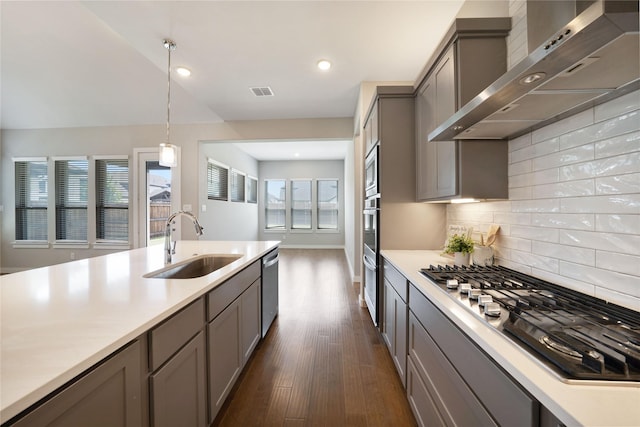 3493 Hollow Pine Dr, Frisco, TX 75033 - kitchen featuring wall chimney exhaust hood, a sink, gray cabinetry, appliances with stainless steel finishes, and light countertops