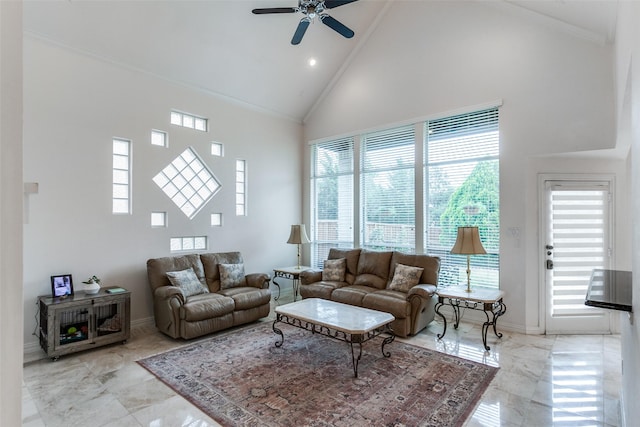 5916 Broadmoor Dr, Plano, TX 75093 - living area featuring high vaulted ceiling, light marble finish flooring, a ceiling fan, crown molding, and plenty of natural light