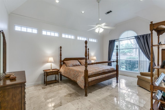 5916 Broadmoor Dr, Plano, TX 75093 - bedroom with multiple windows, vaulted ceiling, ornamental molding, ceiling fan, and recessed lighting