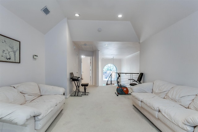 5916 Broadmoor Dr, Plano, TX 75093 - carpeted living room with attic access, baseboards, vaulted ceiling, and recessed lighting