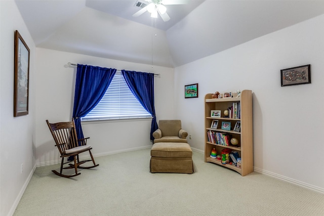 5916 Broadmoor Dr, Plano, TX 75093 - sitting room featuring carpet floors, ceiling fan, vaulted ceiling, and baseboards
